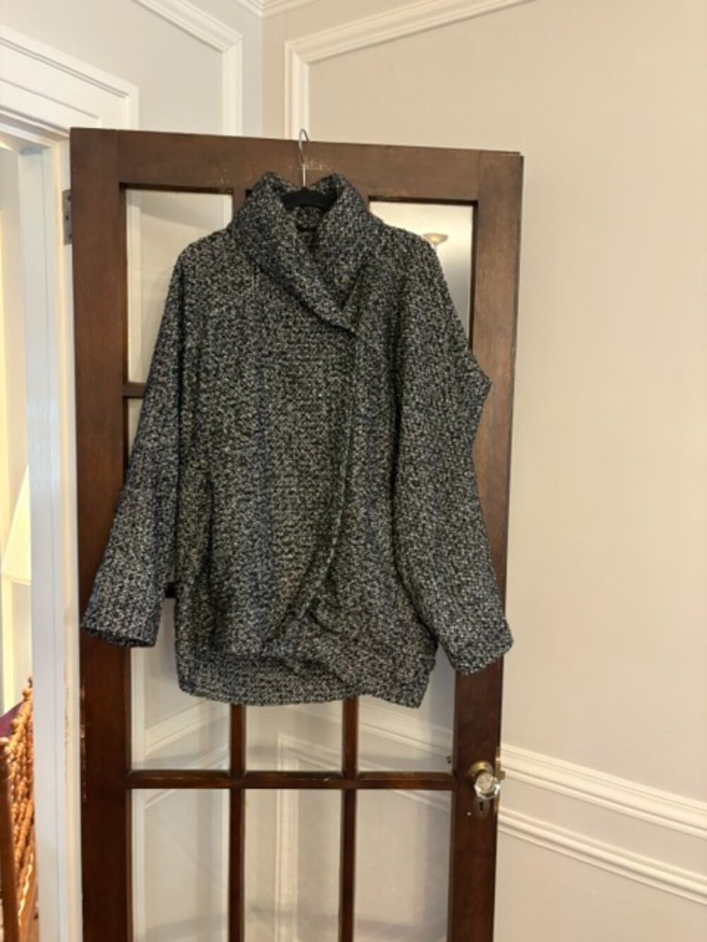 Anne Klein Black and White Tweed Funnel Neck Jacket, Size Small